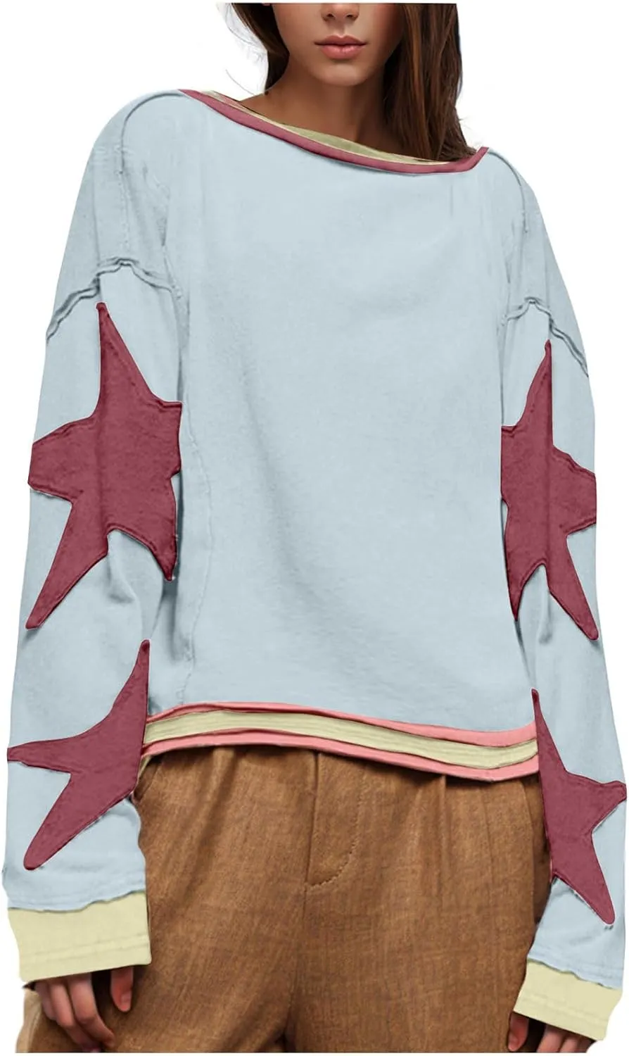 Lenago Graphic Tees for Women Trendy Star Print Stitching Tops Color Block T Shirts Long Sleeve Shirts Crew Neck Blouses
