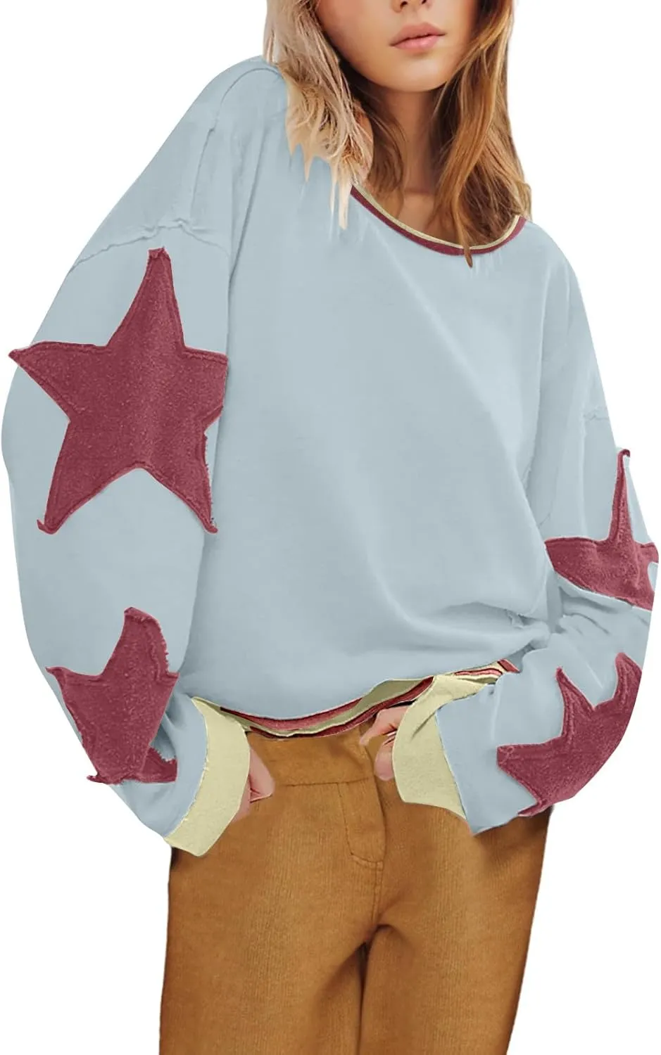 Lenago Graphic Tees for Women Trendy Star Print Stitching Tops Color Block T Shirts Long Sleeve Shirts Crew Neck Blouses