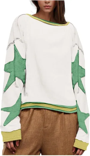 Lenago Graphic Tees for Women Trendy Star Print Stitching Tops Color Block T Shirts Long Sleeve Shirts Crew Neck Blouses