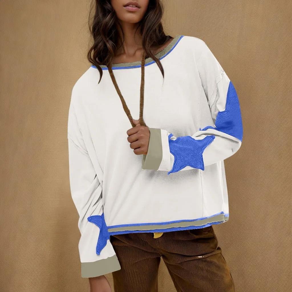 Lenago Graphic Tees for Women Trendy Star Print Stitching Tops Color Block T Shirts Long Sleeve Shirts Crew Neck Blouses