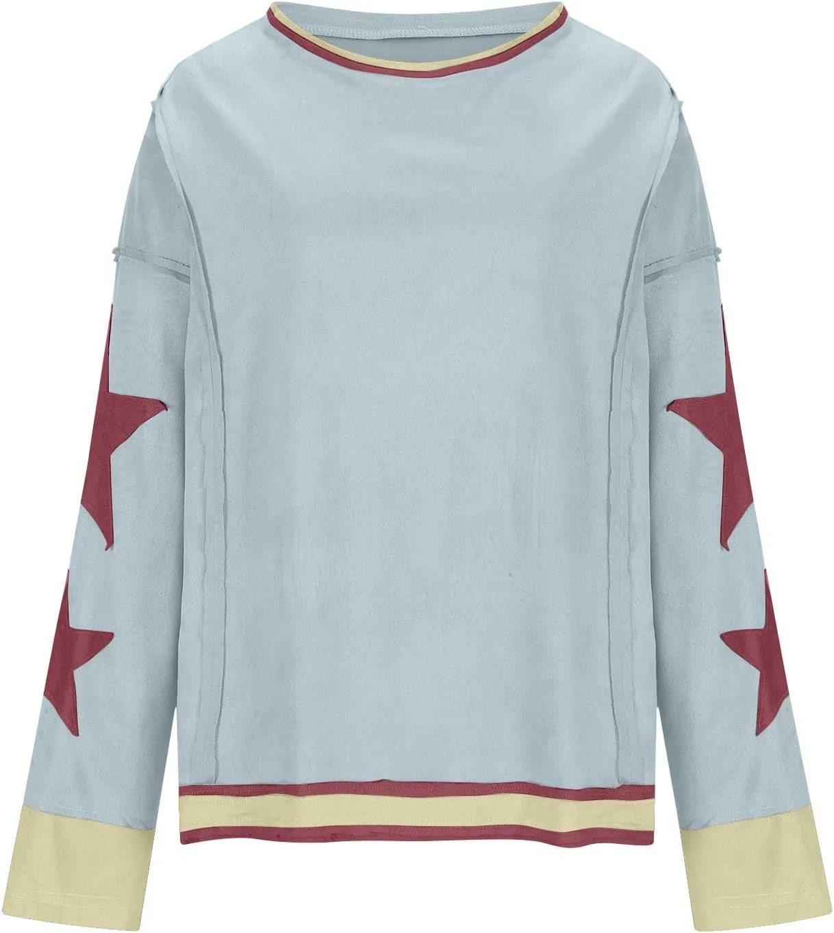 Lenago Graphic Tees for Women Trendy Star Print Stitching Tops Color Block T Shirts Long Sleeve Shirts Crew Neck Blouses