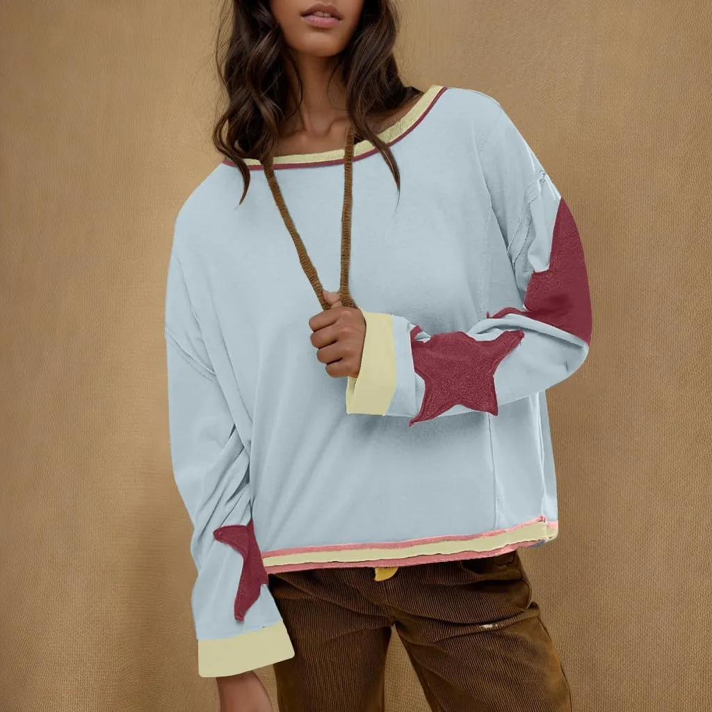 Lenago Graphic Tees for Women Trendy Star Print Stitching Tops Color Block T Shirts Long Sleeve Shirts Crew Neck Blouses