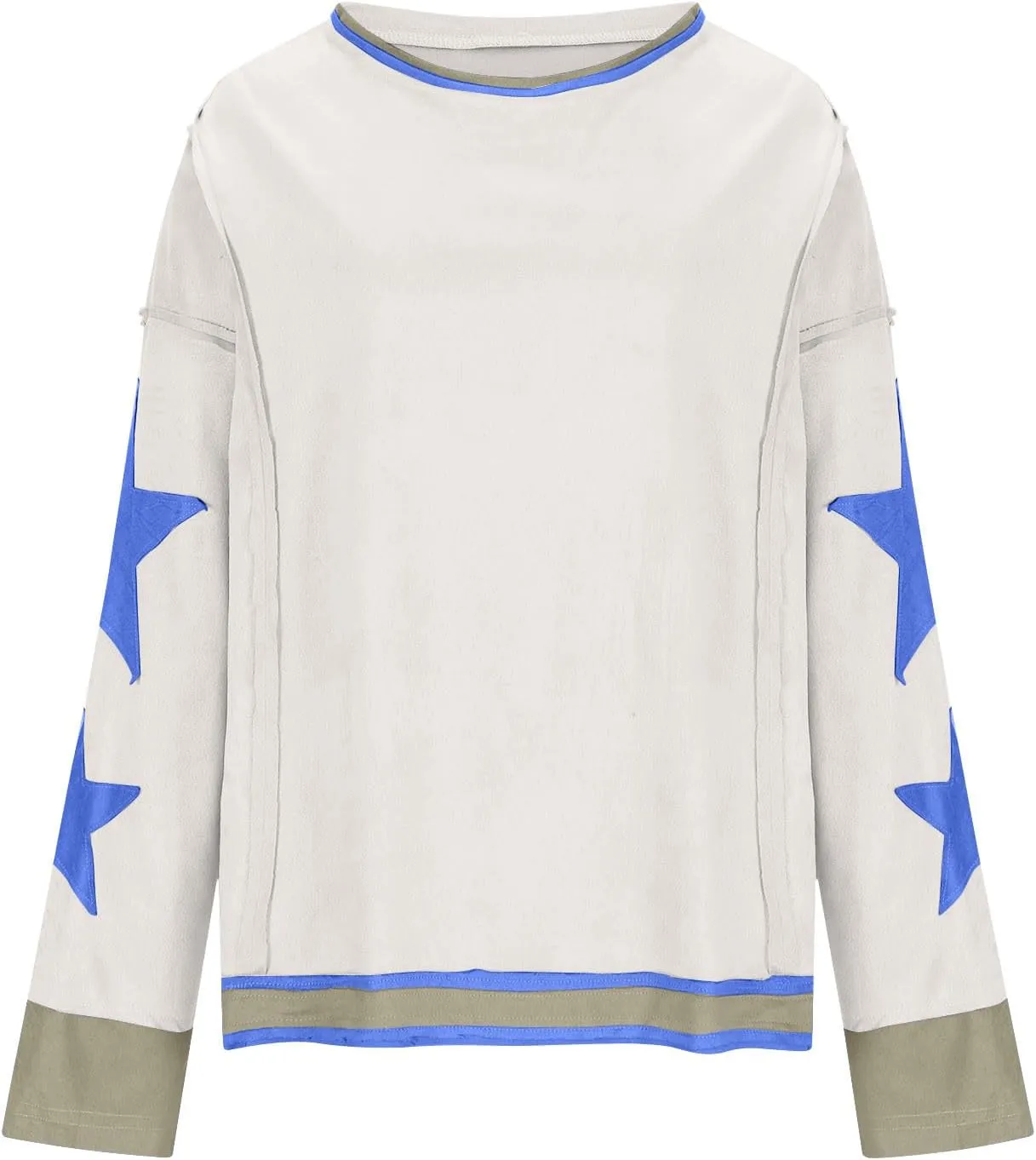 Lenago Graphic Tees for Women Trendy Star Print Stitching Tops Color Block T Shirts Long Sleeve Shirts Crew Neck Blouses