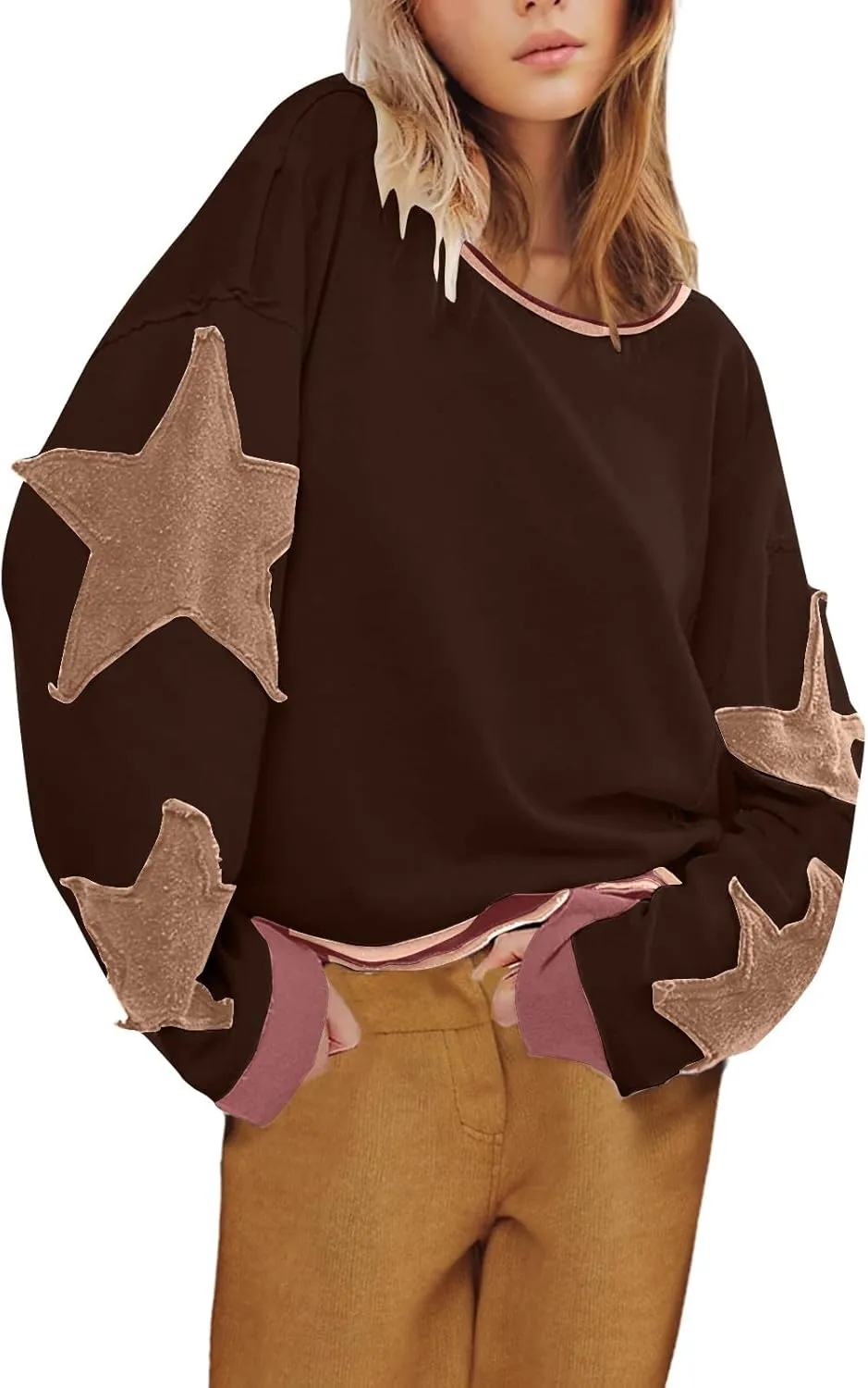 Lenago Graphic Tees for Women Trendy Star Print Stitching Tops Color Block T Shirts Long Sleeve Shirts Crew Neck Blouses