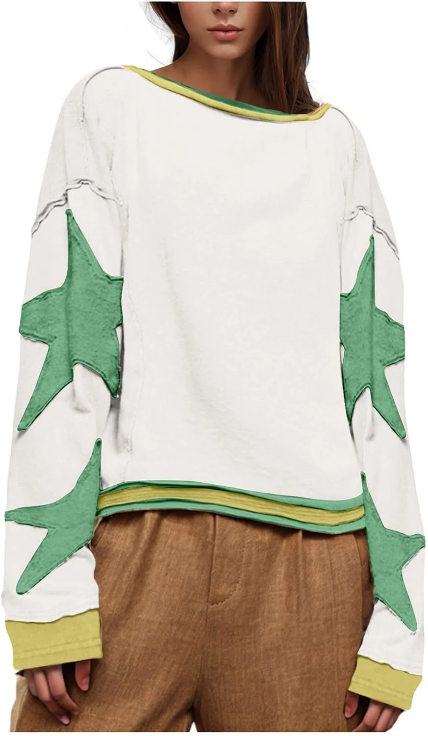 Lenago Graphic Tees for Women Trendy Star Print Stitching Tops Color Block T Shirts Long Sleeve Shirts Crew Neck Blouses