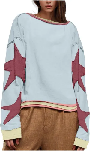 Lenago Graphic Tees for Women Trendy Star Print Stitching Tops Color Block T Shirts Long Sleeve Shirts Crew Neck Blouses