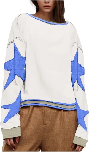 Lenago Graphic Tees for Women Trendy Star Print Stitching Tops Color Block T Shirts Long Sleeve Shirts Crew Neck Blouses
