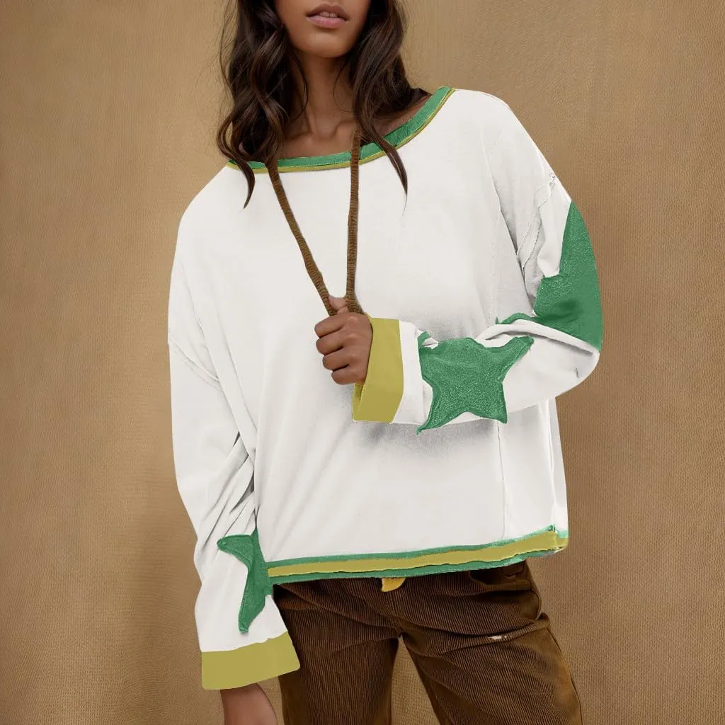 Lenago Graphic Tees for Women Trendy Star Print Stitching Tops Color Block T Shirts Long Sleeve Shirts Crew Neck Blouses