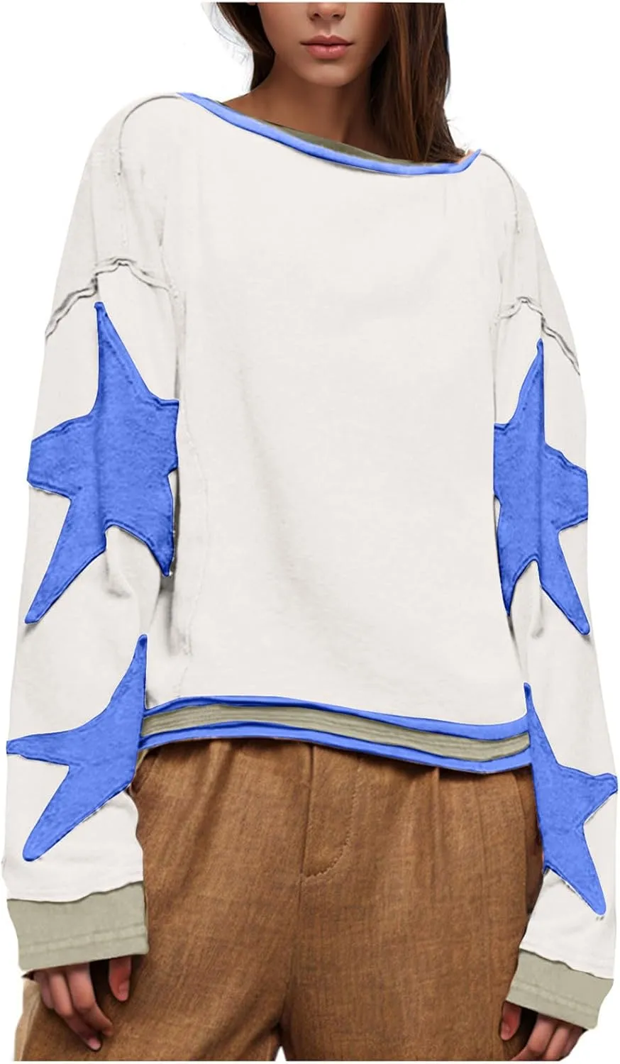 Lenago Graphic Tees for Women Trendy Star Print Stitching Tops Color Block T Shirts Long Sleeve Shirts Crew Neck Blouses