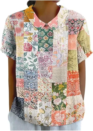 Linen Blouses Button Shirts Top Fresh Gradient Short Sleeved Pullover Top Bathing Suit Cover Up Spring Tops for