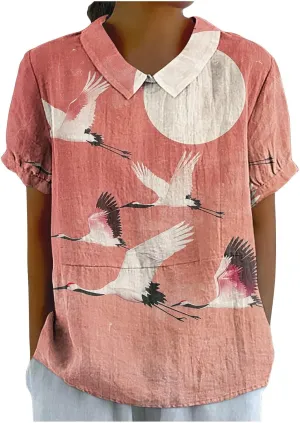 Linen Blouses Button Shirts Top Fresh Gradient Short Sleeved Pullover Top Bathing Suit Cover Up Spring Tops for
