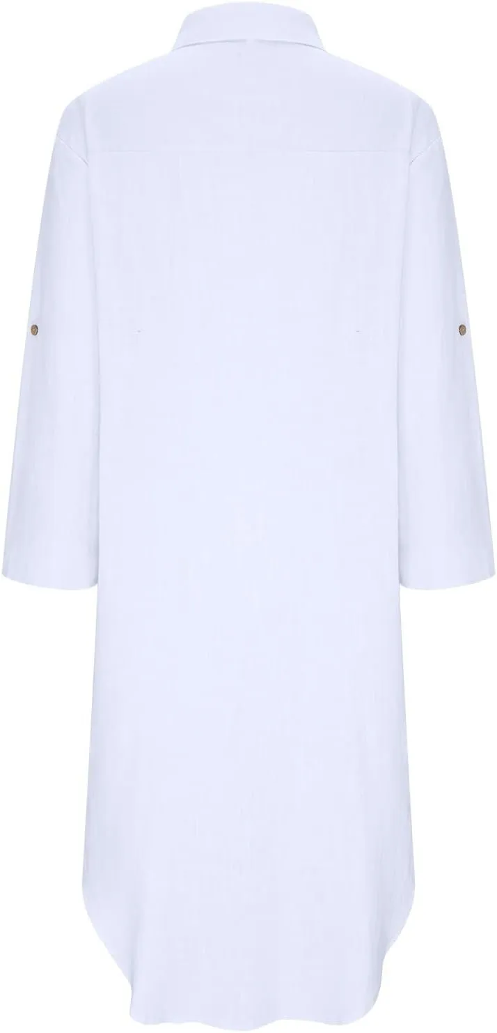 Linen Shirt Dress for Women Button Down Casual Collared Long Sleeve Dress Flowy Summer Vacation Dress with Pockets