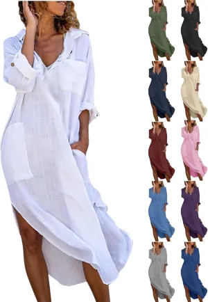 Linen Shirt Dress for Women Button Down Casual Collared Long Sleeve Dress Flowy Summer Vacation Dress with Pockets
