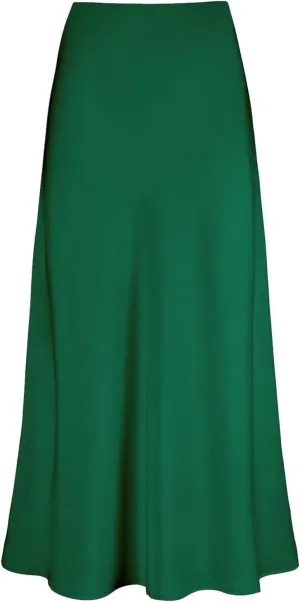Long Skirts for Women Summer Stretchy Flowy Maxi Skirt Dressy Casual Satin Skirt for Work Fold Over High Waisted