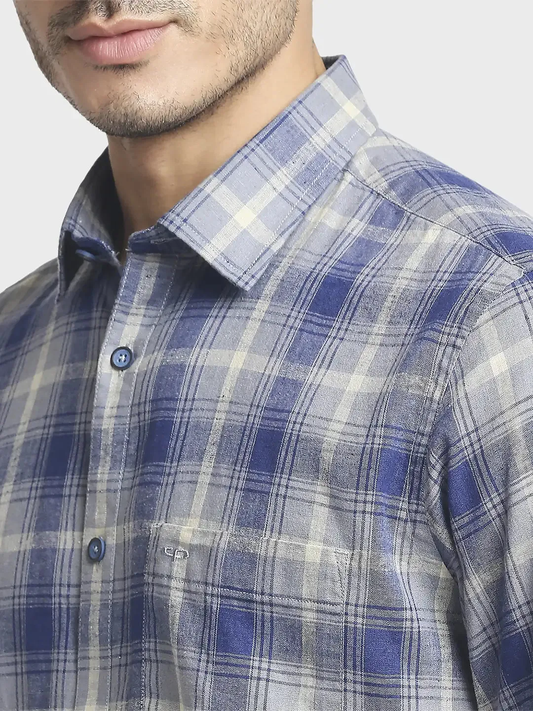 Men Blue Tailored Fit Checks Linen Cotton Blend Full Sleeve Shirts