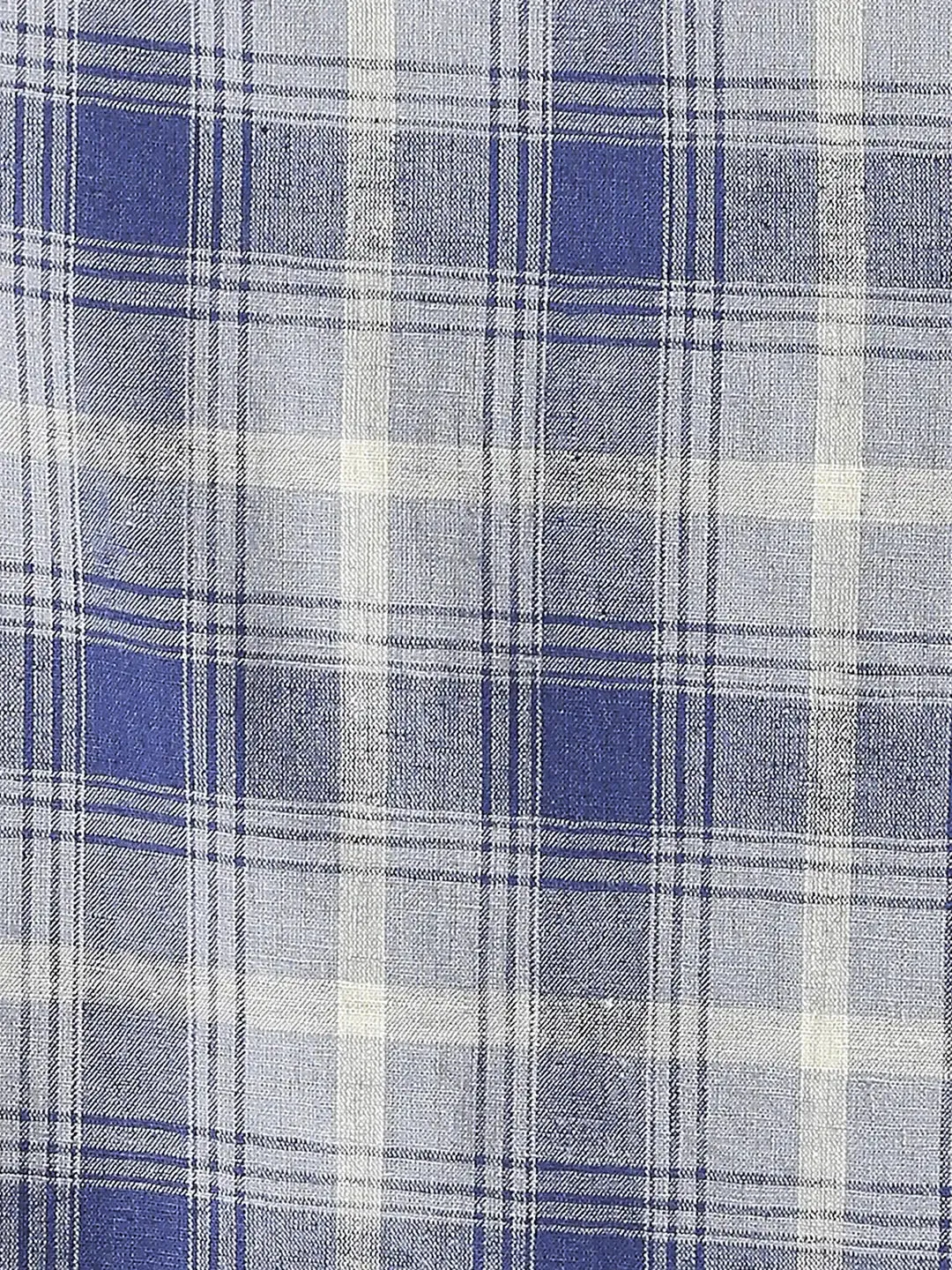 Men Blue Tailored Fit Checks Linen Cotton Blend Full Sleeve Shirts