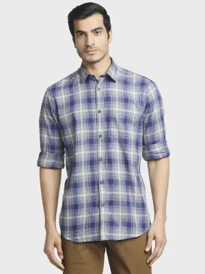 Men Blue Tailored Fit Checks Linen Cotton Blend Full Sleeve Shirts