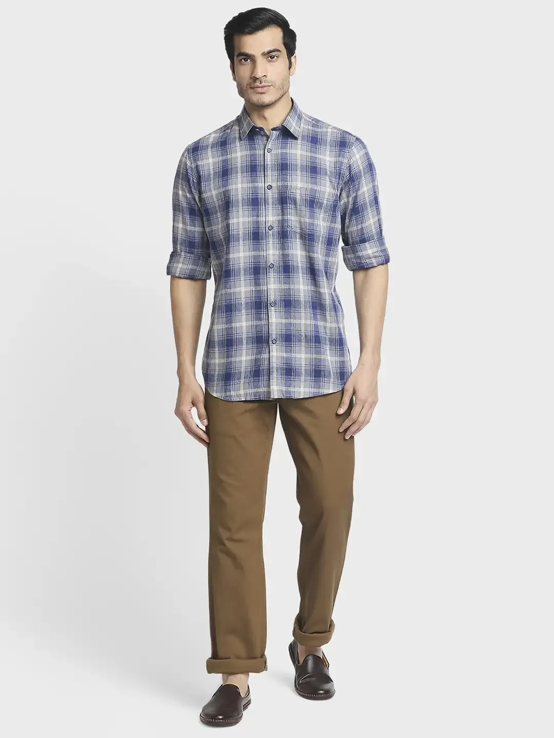 Men Blue Tailored Fit Checks Linen Cotton Blend Full Sleeve Shirts