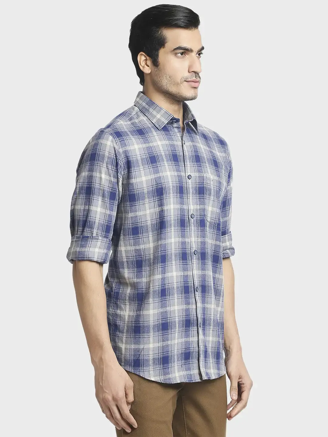 Men Blue Tailored Fit Checks Linen Cotton Blend Full Sleeve Shirts