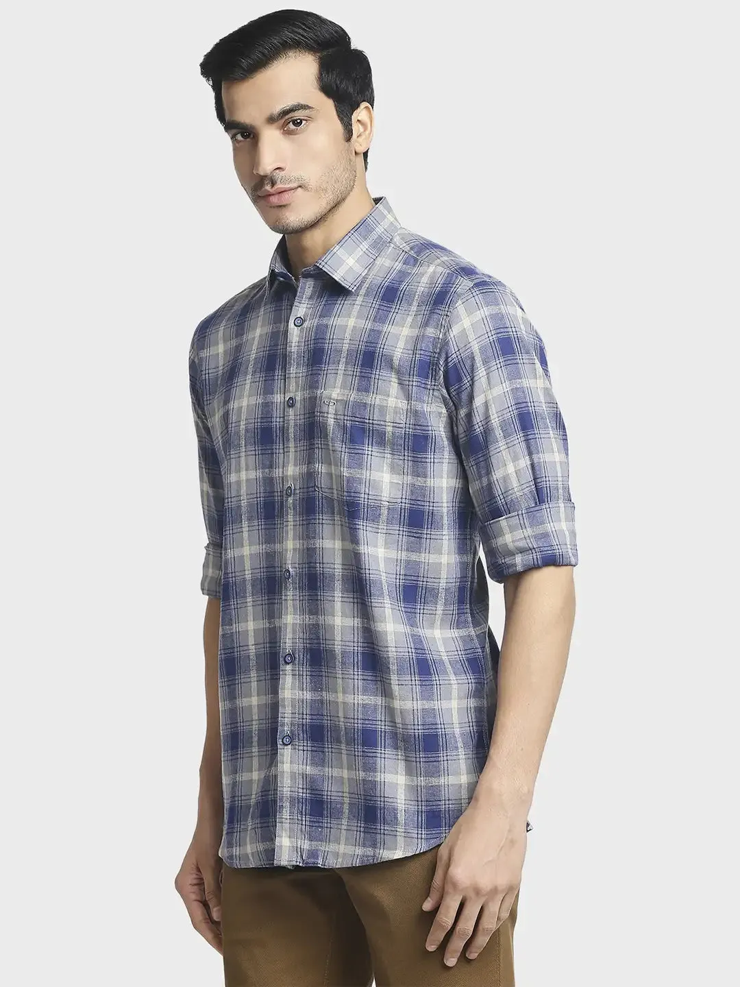 Men Blue Tailored Fit Checks Linen Cotton Blend Full Sleeve Shirts