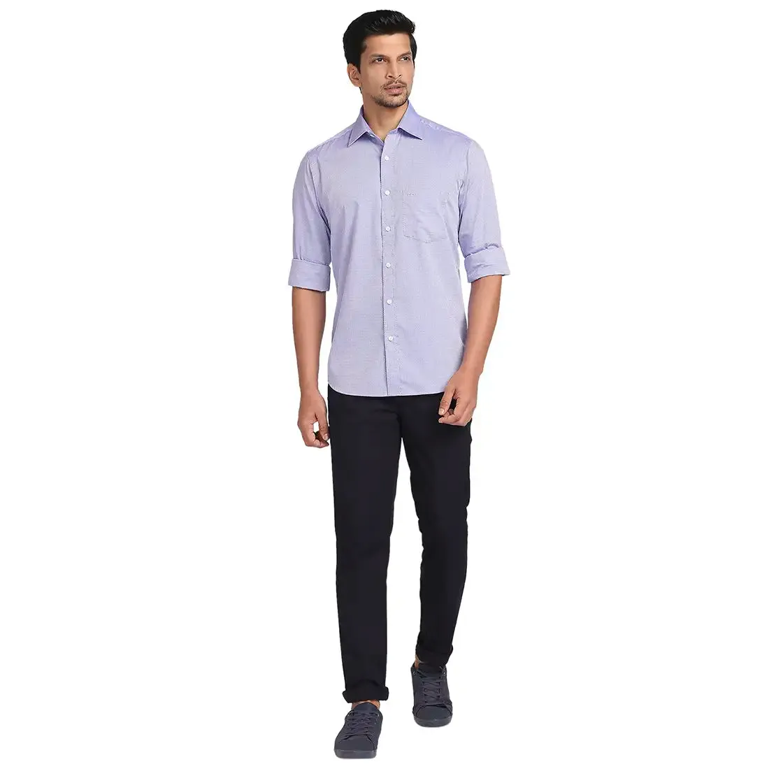 Men Blue Tailored Fit Solid-Dobby Cotton Full Sleeve Shirts