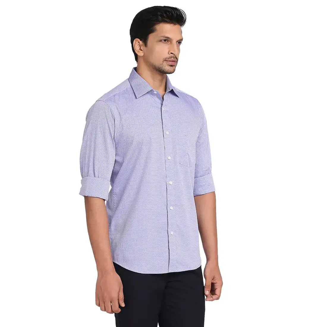 Men Blue Tailored Fit Solid-Dobby Cotton Full Sleeve Shirts