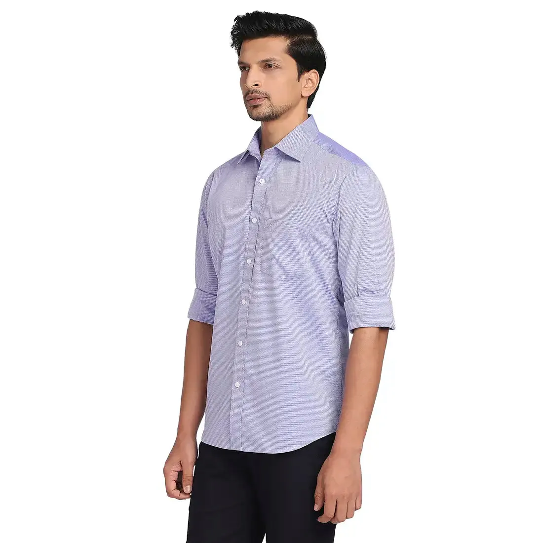 Men Blue Tailored Fit Solid-Dobby Cotton Full Sleeve Shirts