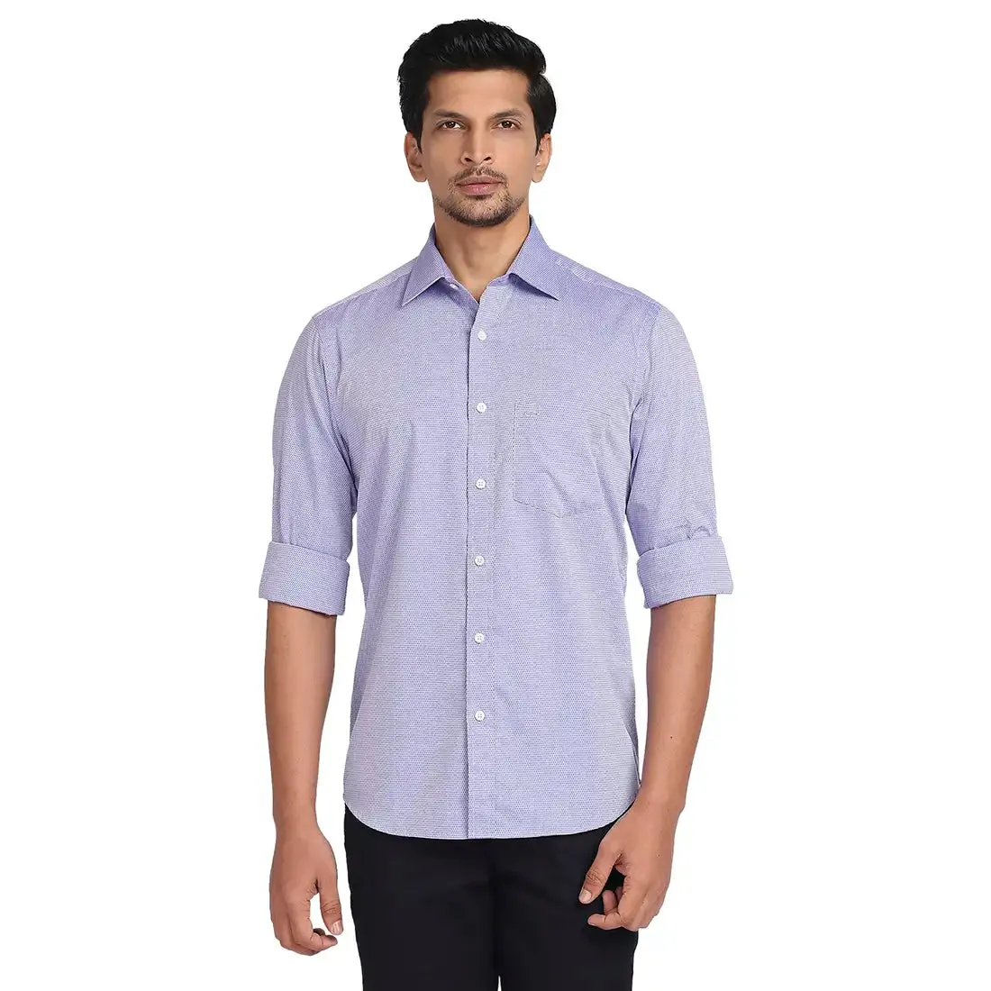 Men Blue Tailored Fit Solid-Dobby Cotton Full Sleeve Shirts