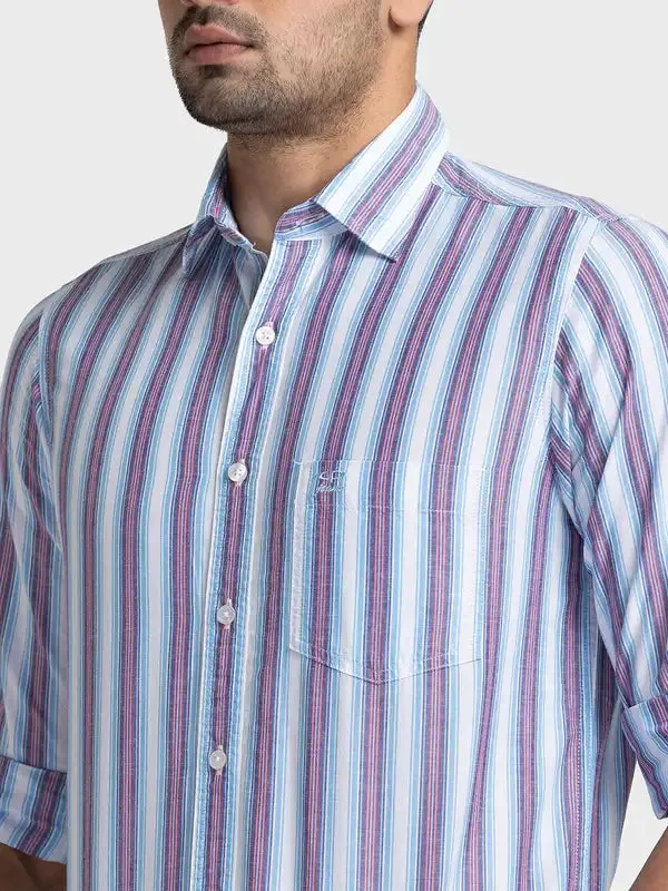 Men Blue Tailored Fit Stripe Cotton Blend Full Sleeve Shirts