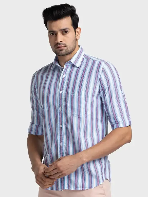 Men Blue Tailored Fit Stripe Cotton Blend Full Sleeve Shirts