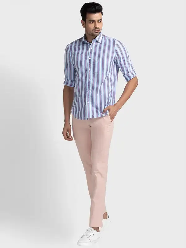 Men Blue Tailored Fit Stripe Cotton Blend Full Sleeve Shirts