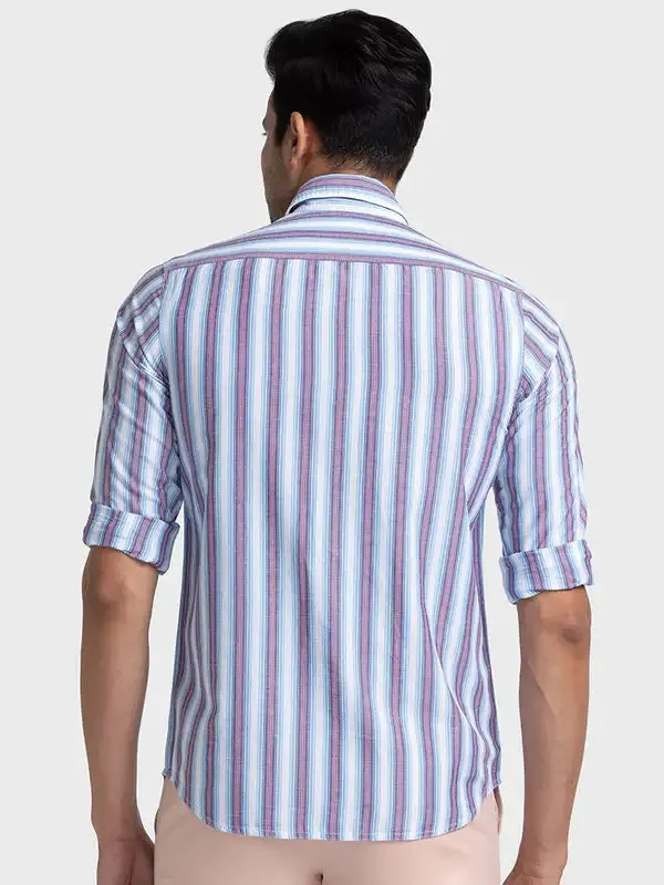 Men Blue Tailored Fit Stripe Cotton Blend Full Sleeve Shirts