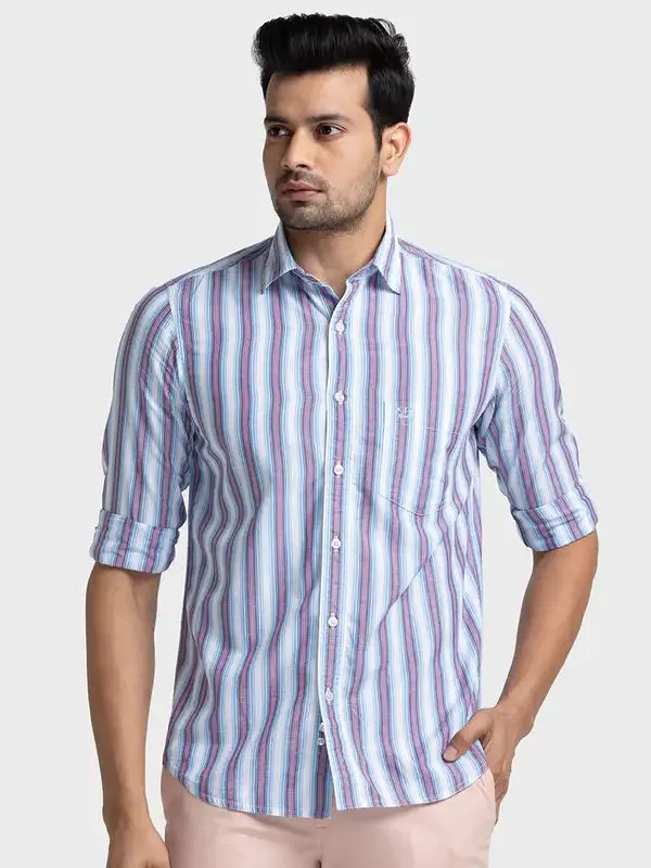 Men Blue Tailored Fit Stripe Cotton Blend Full Sleeve Shirts