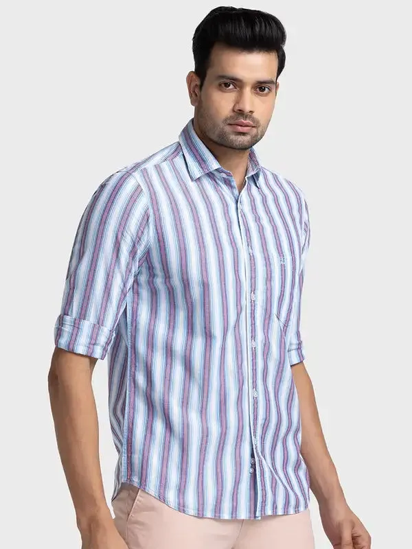 Men Blue Tailored Fit Stripe Cotton Blend Full Sleeve Shirts