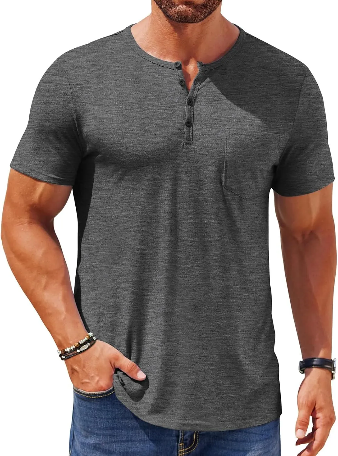 Mens Henley Shirts Short Sleeve Plus Size Button Down Shirts Slim Fit Plain T Shirts Basic Sports T-Shirts Work Tops