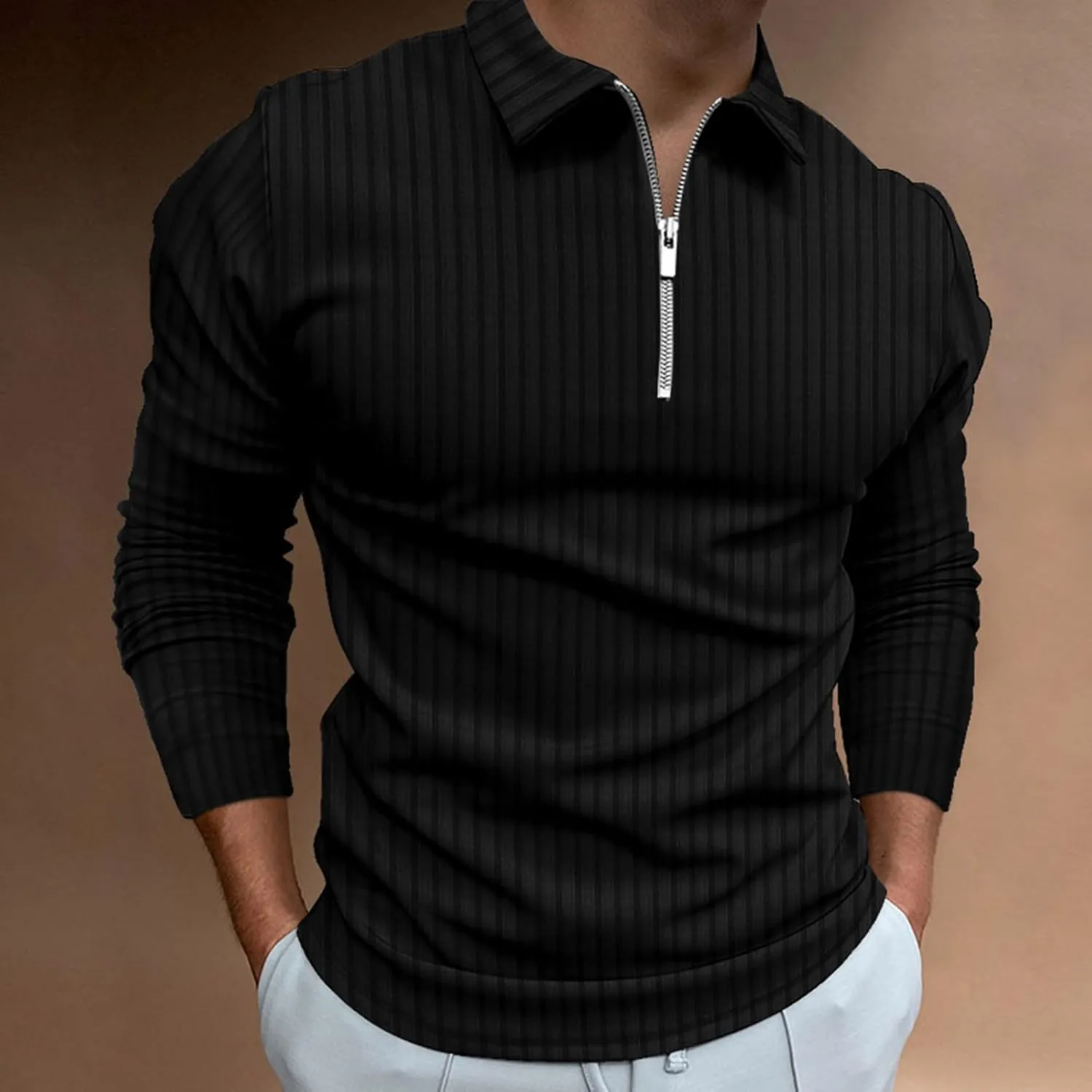 Men's Muscle T Shirt Stretch Long Sleeve Workout Shirts Slim Fit Casual Plain Tees Stylish Quarter Zip Polo Shirt