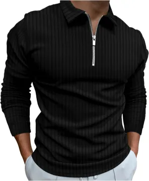 Men's Muscle T Shirt Stretch Long Sleeve Workout Shirts Slim Fit Casual Plain Tees Stylish Quarter Zip Polo Shirt