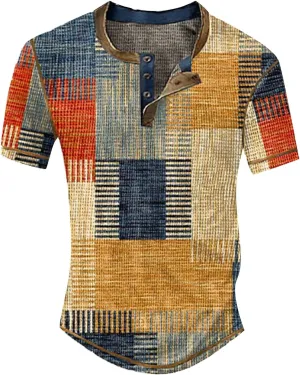 Men's Shirts Sleeved Casual Top Striped Plaid Retro Western Denim Print Button Men's T Shirt Top Polo White Tees