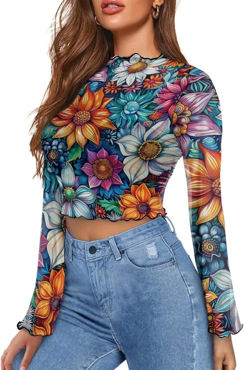 Mesh Tops for Women Sexy Plus Size Bell Sleeve Top Mesh Lettuce Trim Tops Sexy Crop Tops