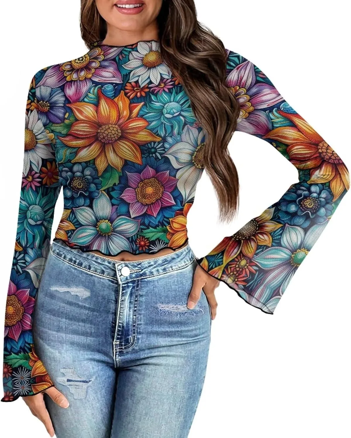 Mesh Tops for Women Sexy Plus Size Bell Sleeve Top Mesh Lettuce Trim Tops Sexy Crop Tops