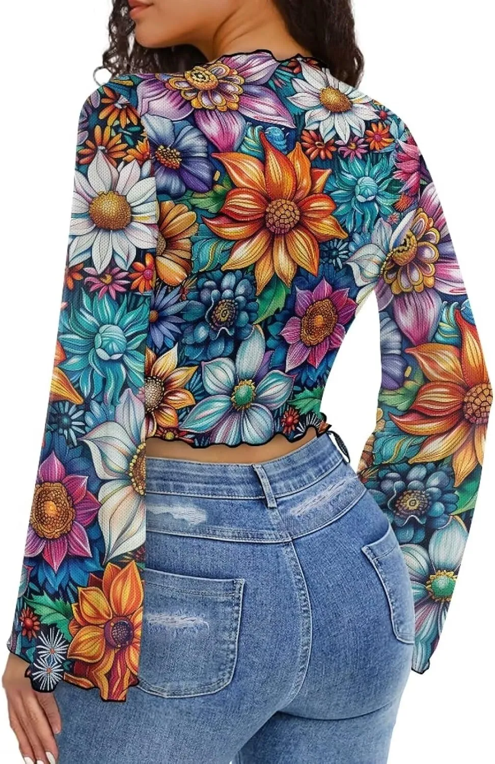 Mesh Tops for Women Sexy Plus Size Bell Sleeve Top Mesh Lettuce Trim Tops Sexy Crop Tops