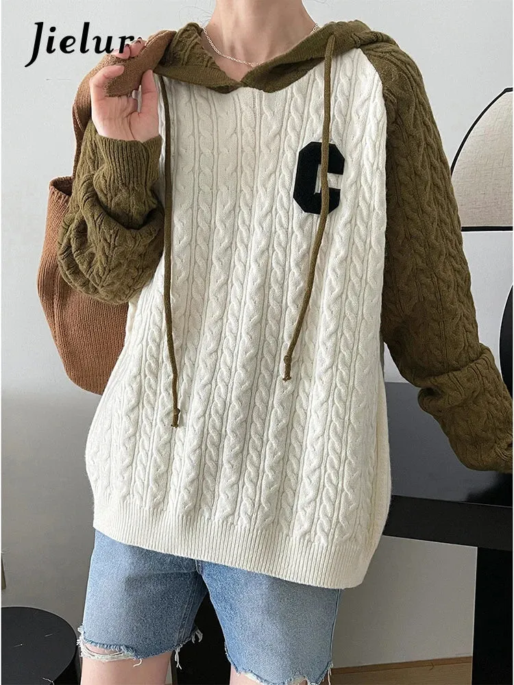 Metaversmall Hooded Twist Sweaters Women Autumn Winter Loose Fashion Korean Knit Sweater Spell Color Patchwork Letter Pullover