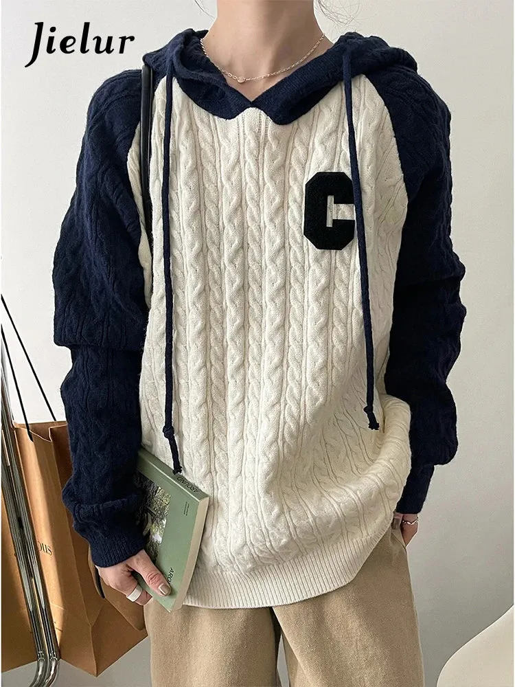 Metaversmall Hooded Twist Sweaters Women Autumn Winter Loose Fashion Korean Knit Sweater Spell Color Patchwork Letter Pullover