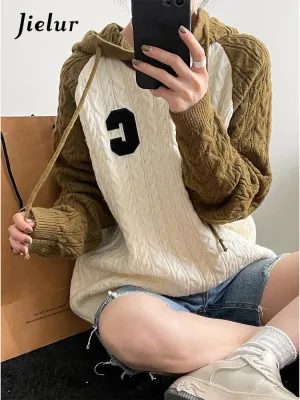 Metaversmall Hooded Twist Sweaters Women Autumn Winter Loose Fashion Korean Knit Sweater Spell Color Patchwork Letter Pullover