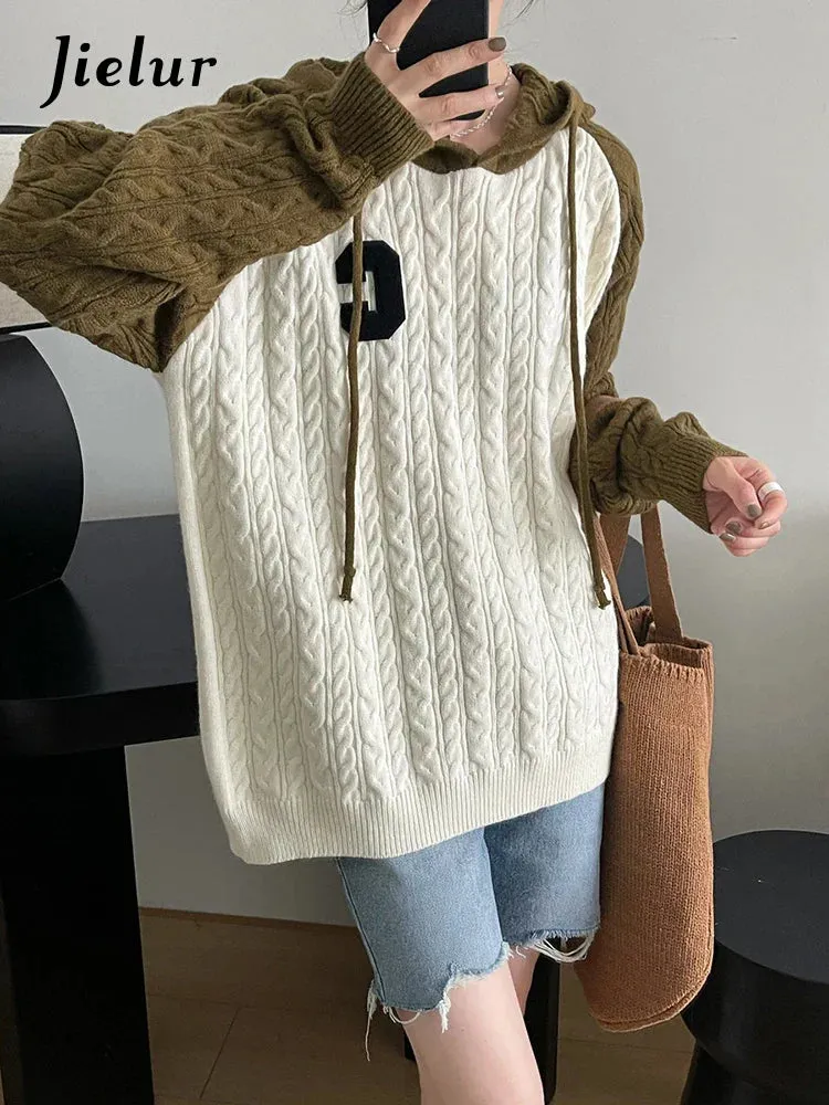 Metaversmall Hooded Twist Sweaters Women Autumn Winter Loose Fashion Korean Knit Sweater Spell Color Patchwork Letter Pullover