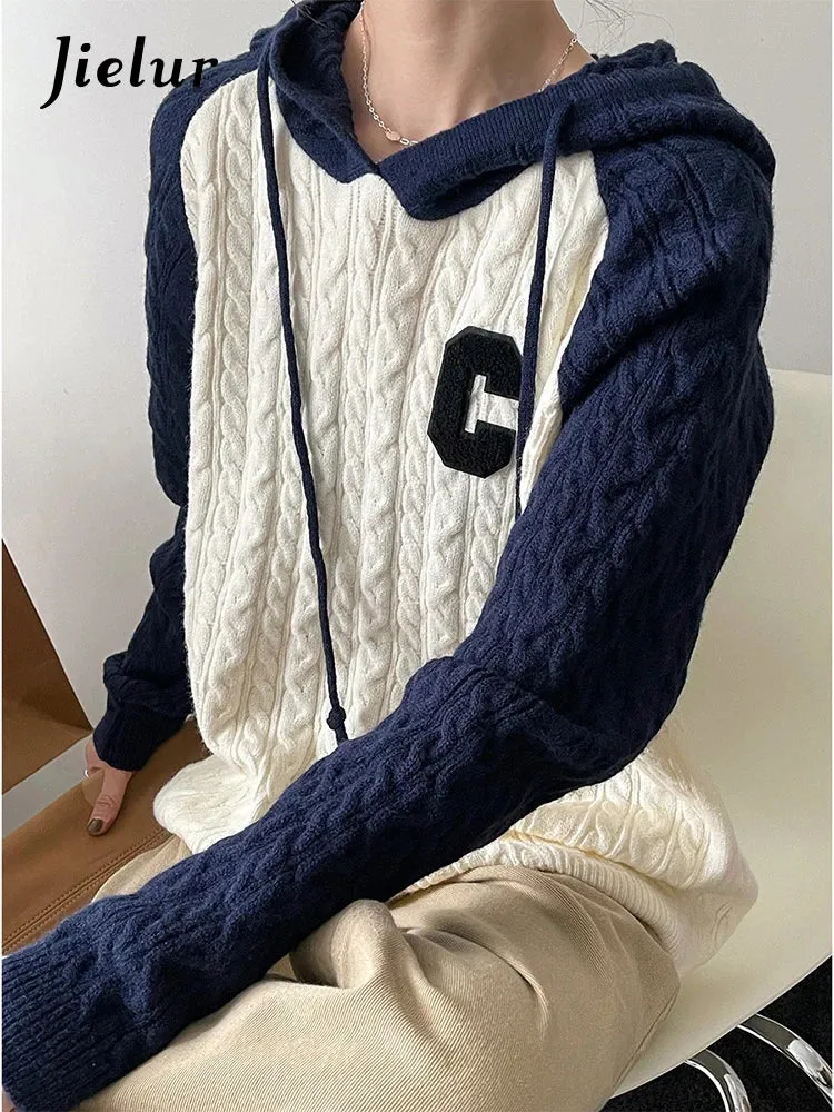 Metaversmall Hooded Twist Sweaters Women Autumn Winter Loose Fashion Korean Knit Sweater Spell Color Patchwork Letter Pullover