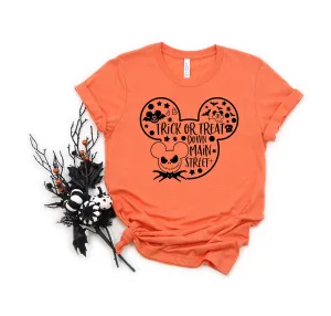 Mickey Mouse Trick or Treat Down Main Street- Adult T Shirt -Disney - Jack Skellington