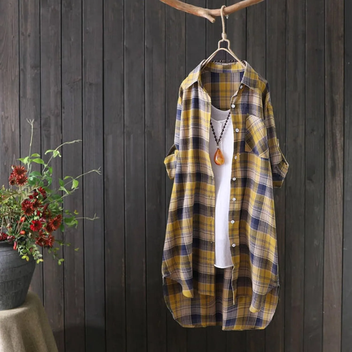 Mid Length Plaid Shirt for Women 2024 Spring and Autumn New Shirt Korean Style Long Sleeved Loose Coat Top