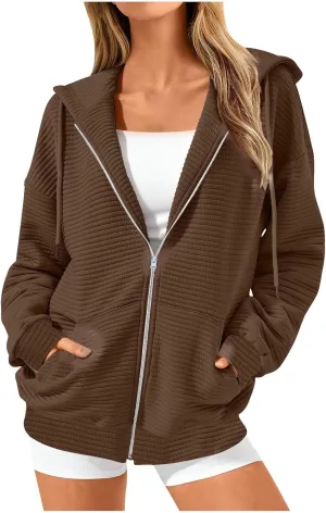 NaRHbrg Oversized Hoodies for Women Full Zip Up Long Sleeve Sweatshirts Casual Waffle Knit Drawstring Pullover Jackets Coat