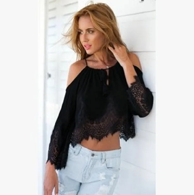 Off-shoulder Lace Patchwork Crop Top Long Sleeve Chiffon Blouse